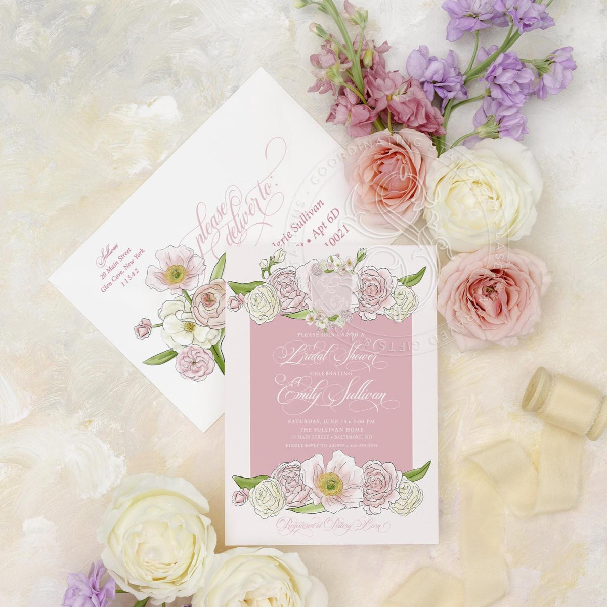 Floral pink monogram crest printed bridal shower invitations