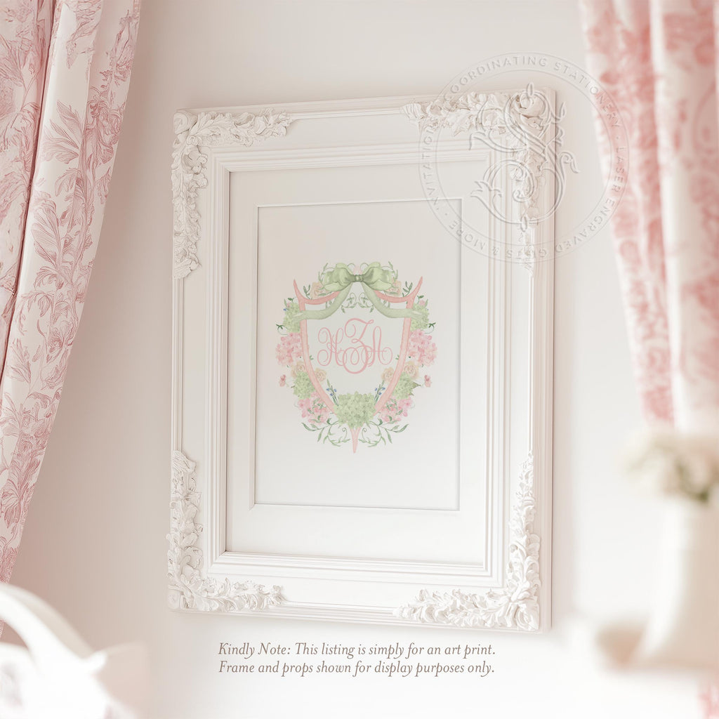 Floral Wreath Monogram Art Print: Pink Hydrangea, Baby Girl Nursery - image 1