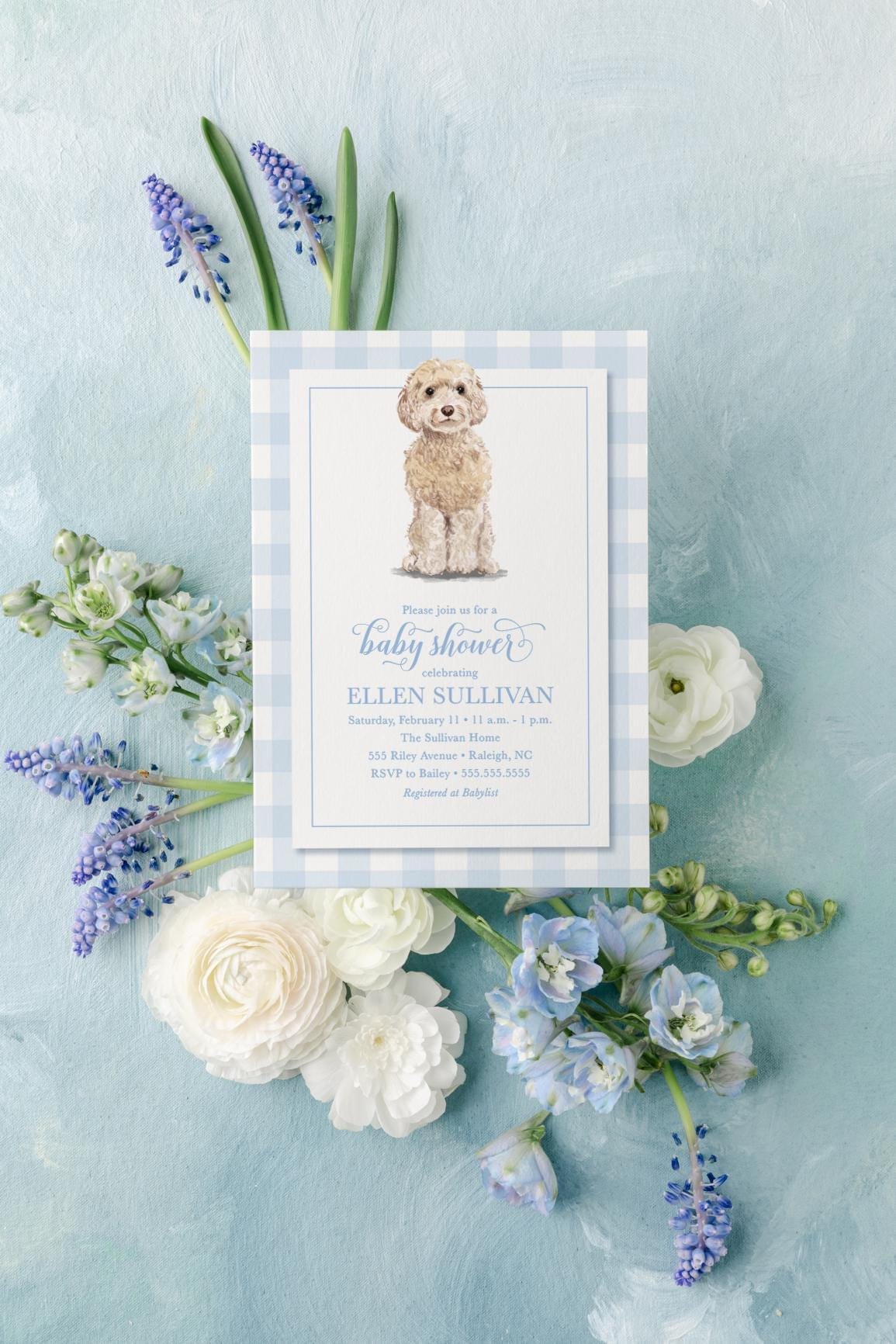 Golden Doodle Baby Shower Invitation: Blue Gingham | Digital File