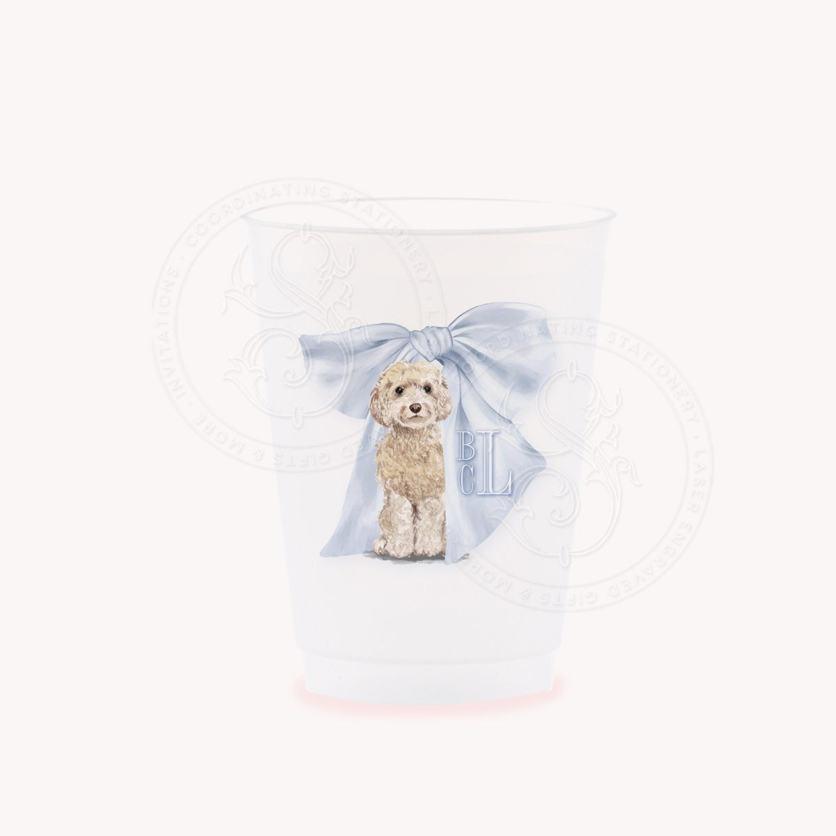 Golden Doodle blue bow monogram party cups