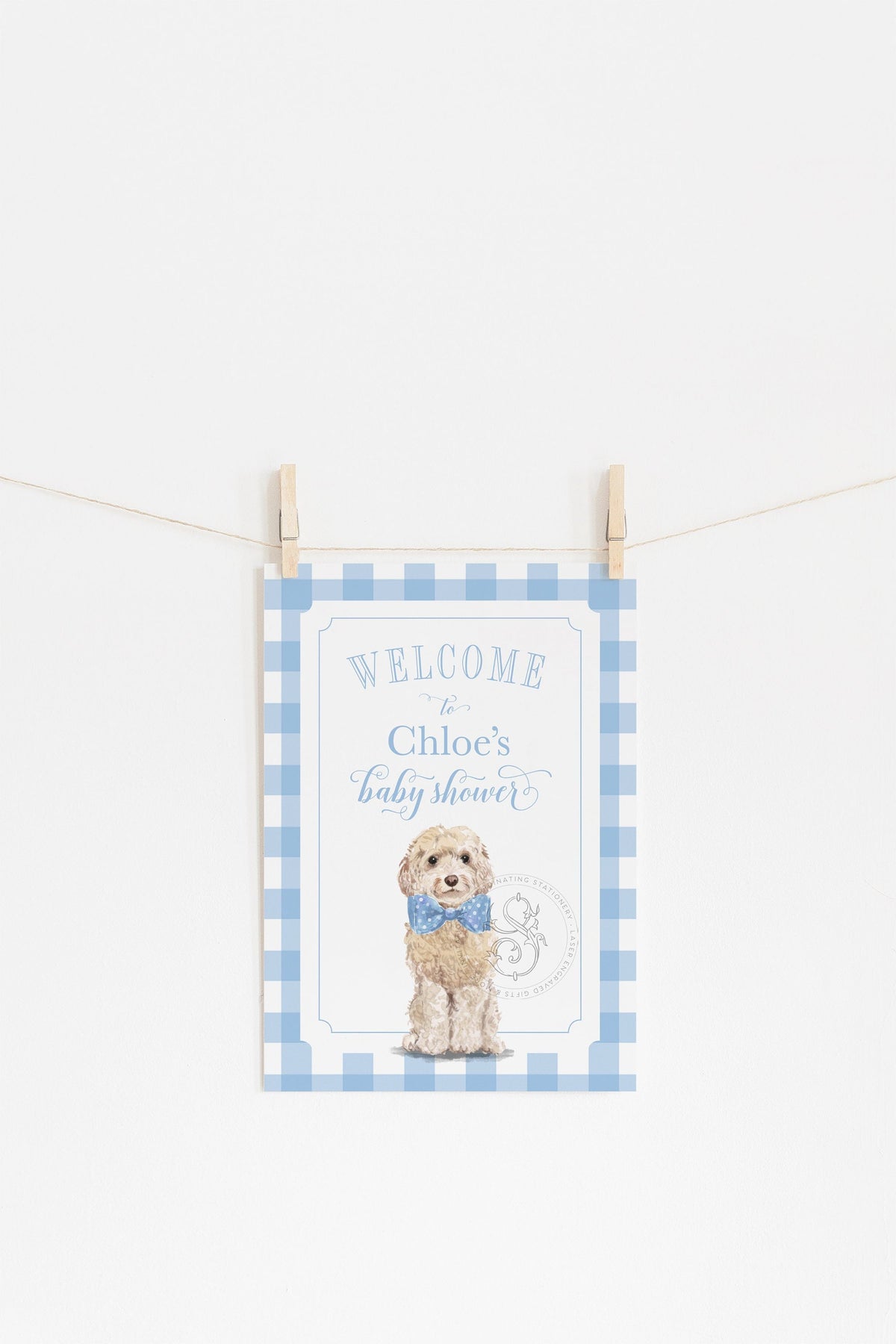 Golden Doodle Blue Gingham Baby Shower Welcome Sign