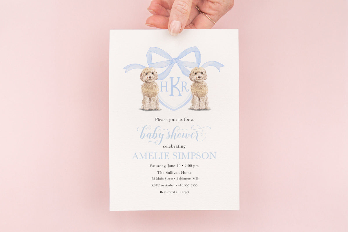 Golden Doodle blue monogram digital baby shower invitation