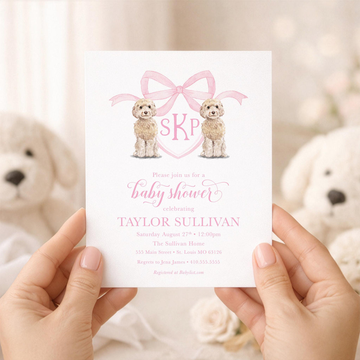 Golden Doodle pink bow watercolor crest digital baby shower invitation