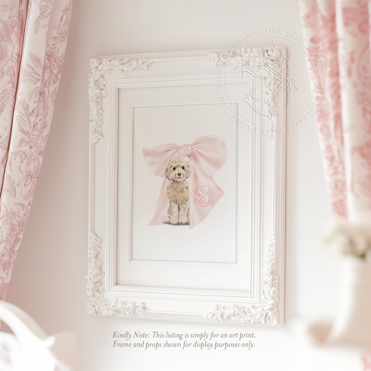 Golden Doodle Girl Monogram Print: Pink Bow Nursery Wall Art - image 1