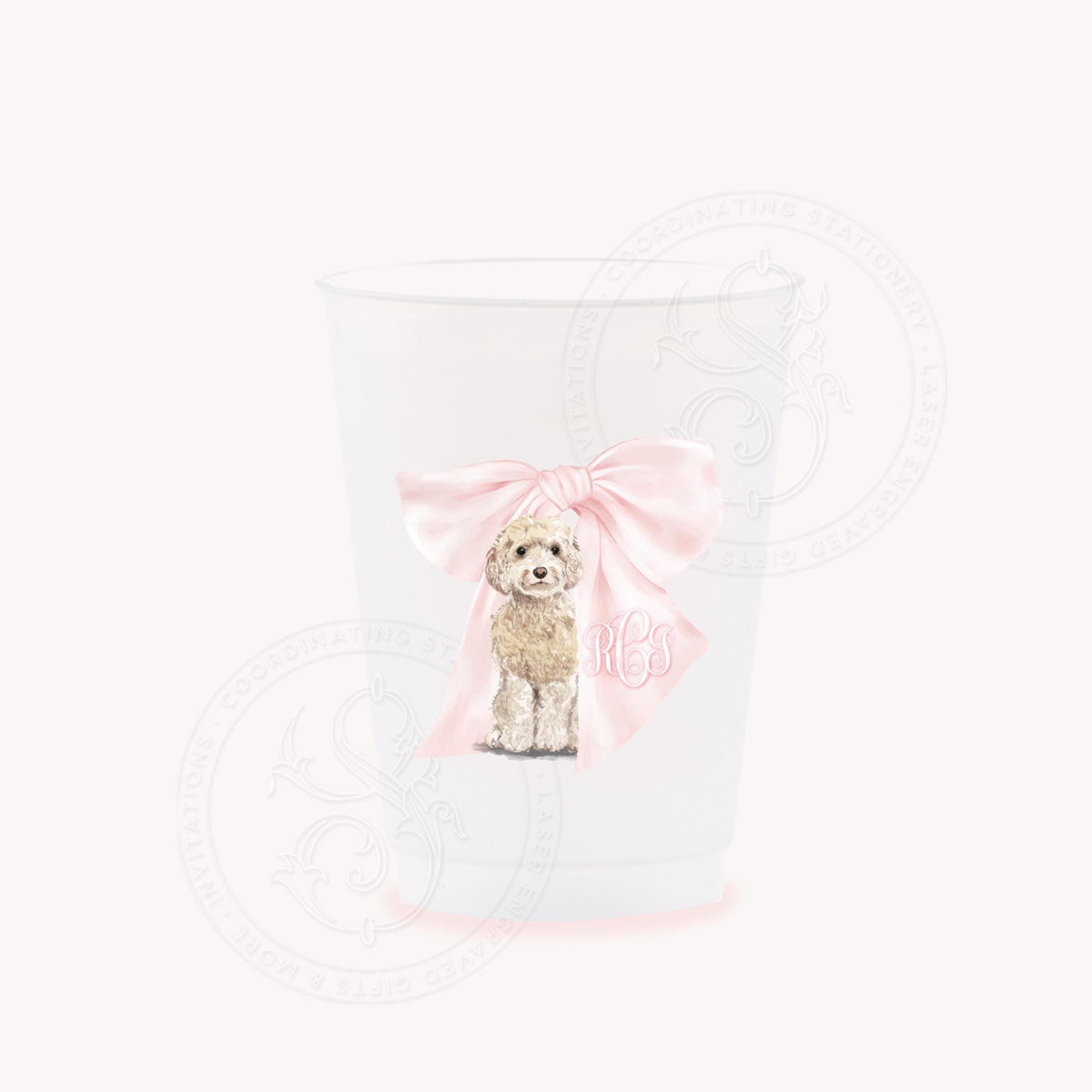Golden Doodle pink bow monogram party cups