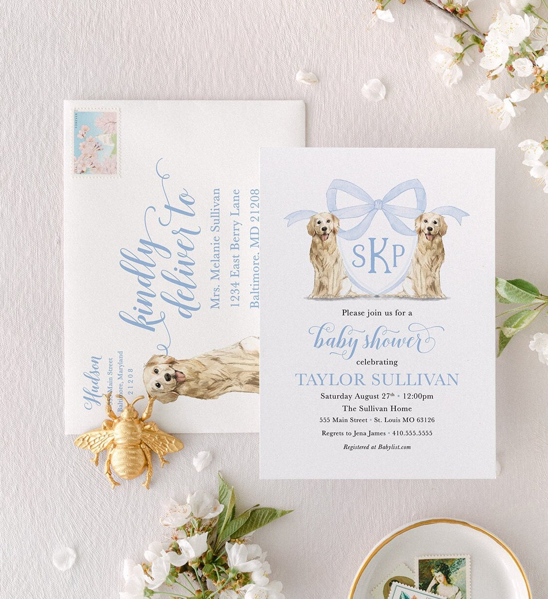 Golden Retriever Baby Shower Invitation: Preppy Watercolor Crest printed invitation