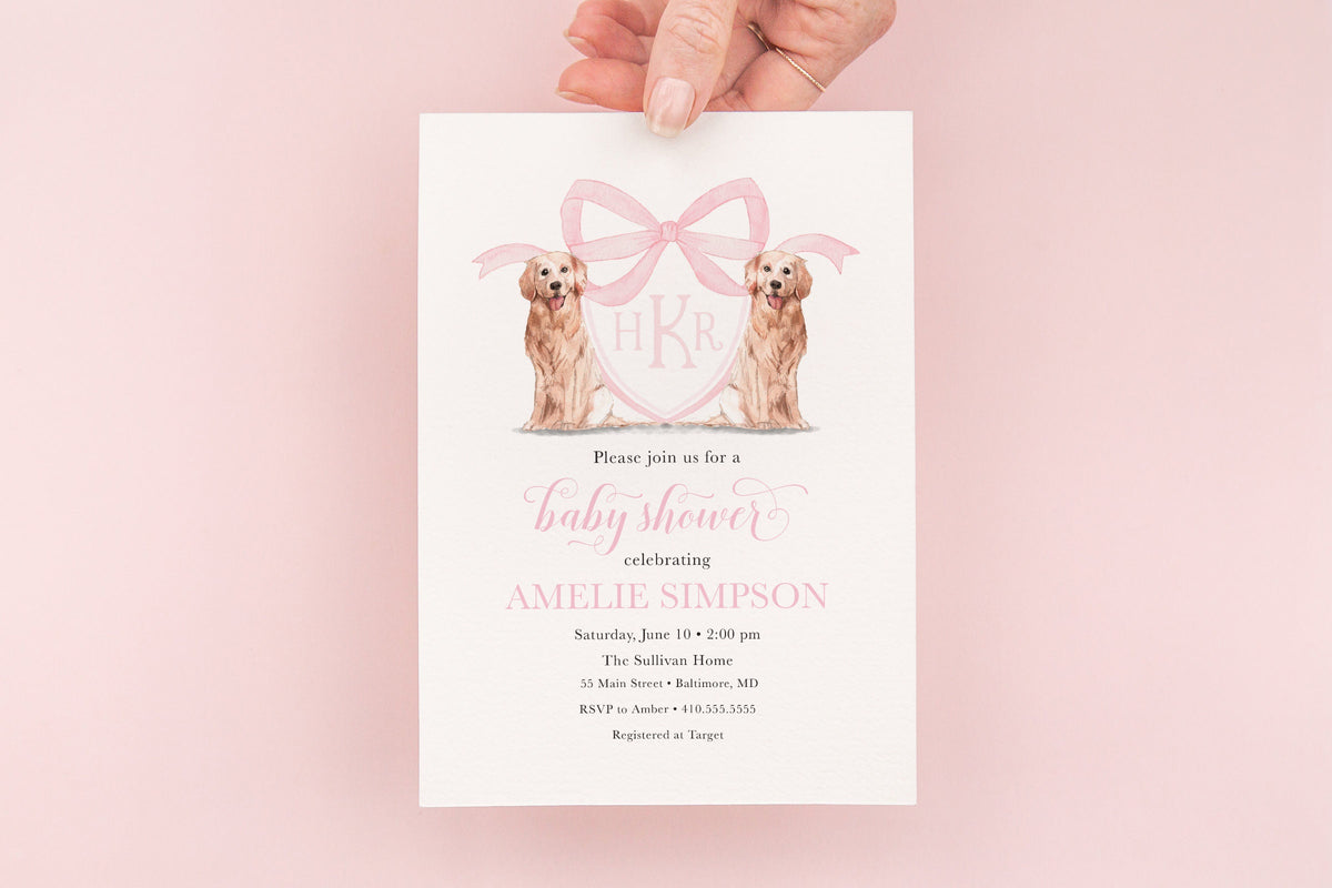 Golden Retriever Baby Shower Invitation: Watercolor Crest, Pink Monogram printed invitation