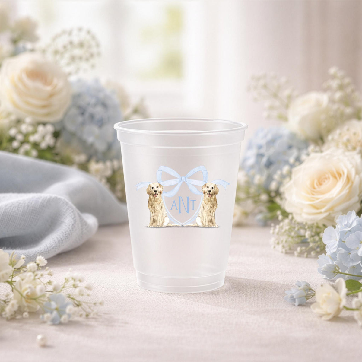 Golden Retriever blue bow party cups for baby shower and birthday