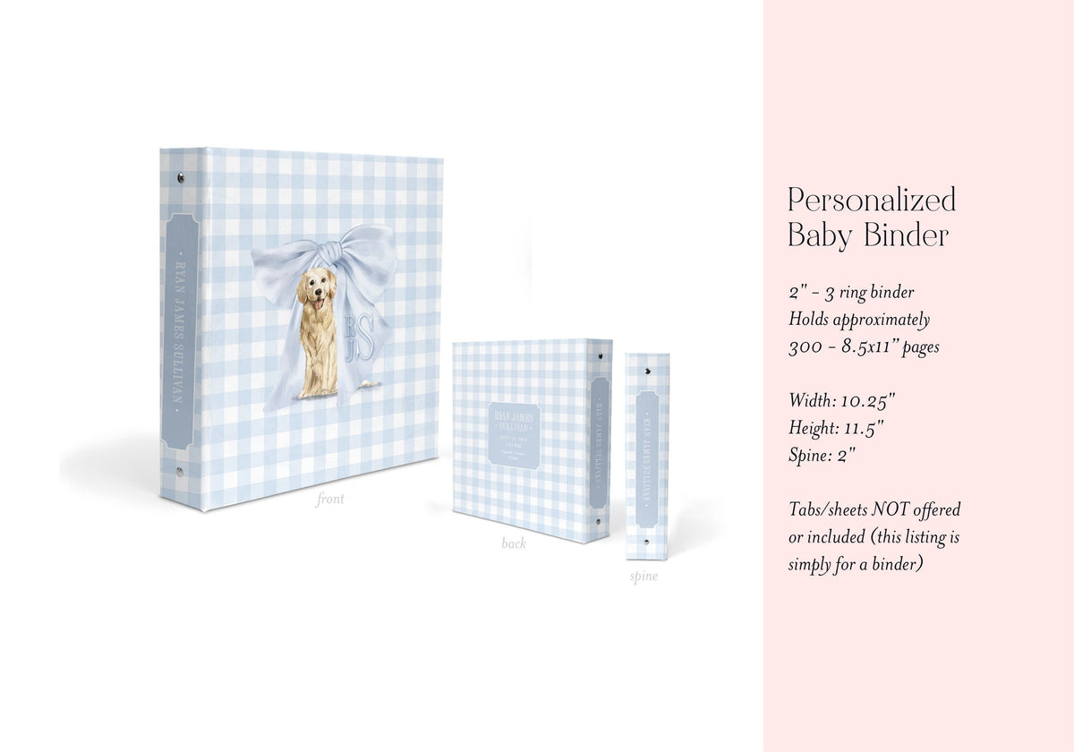 Golden Retriever blue gingham personalized baby book binder