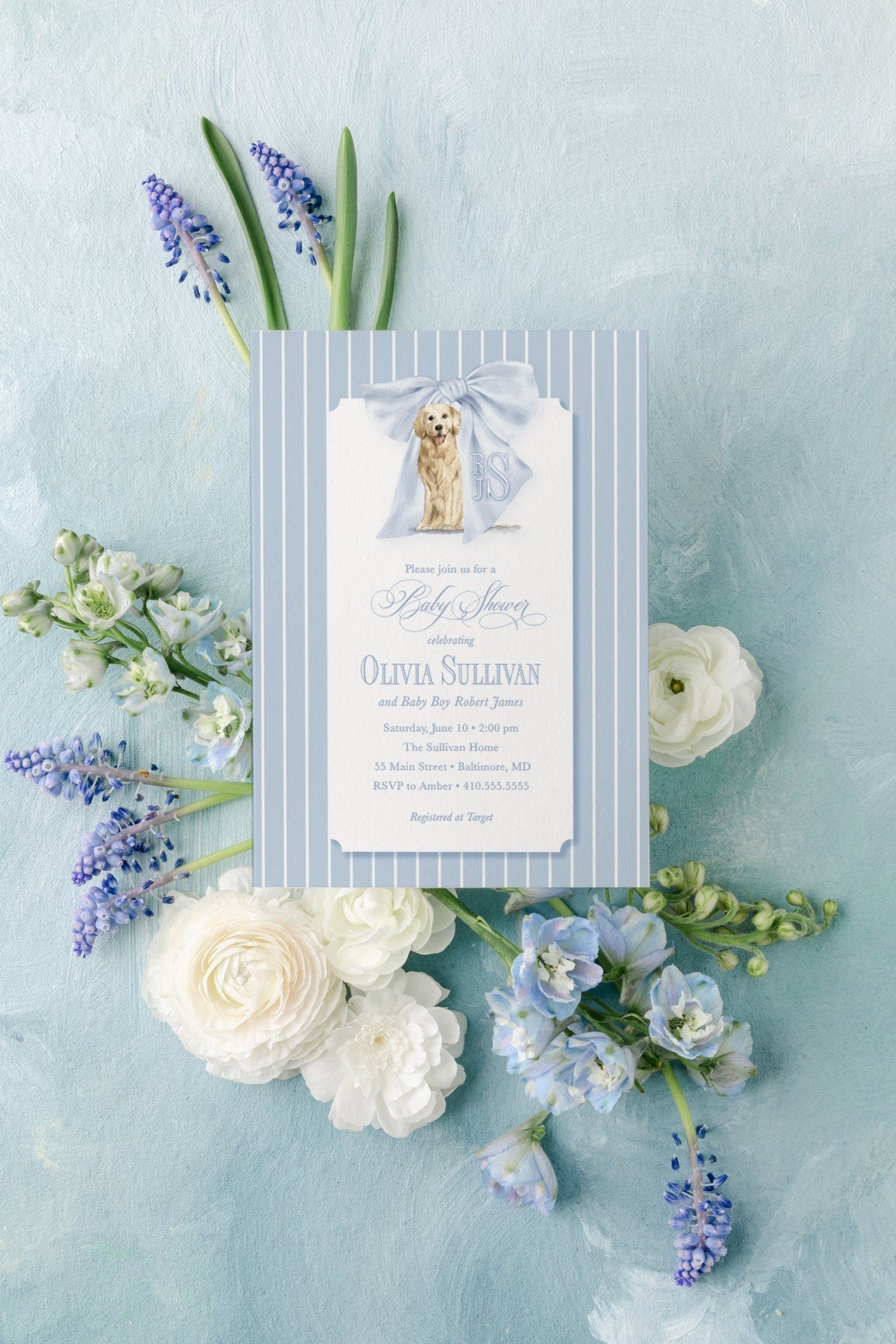 Golden Retriever Boy Baby Shower Invitation: Watercolor Crest printed invitation