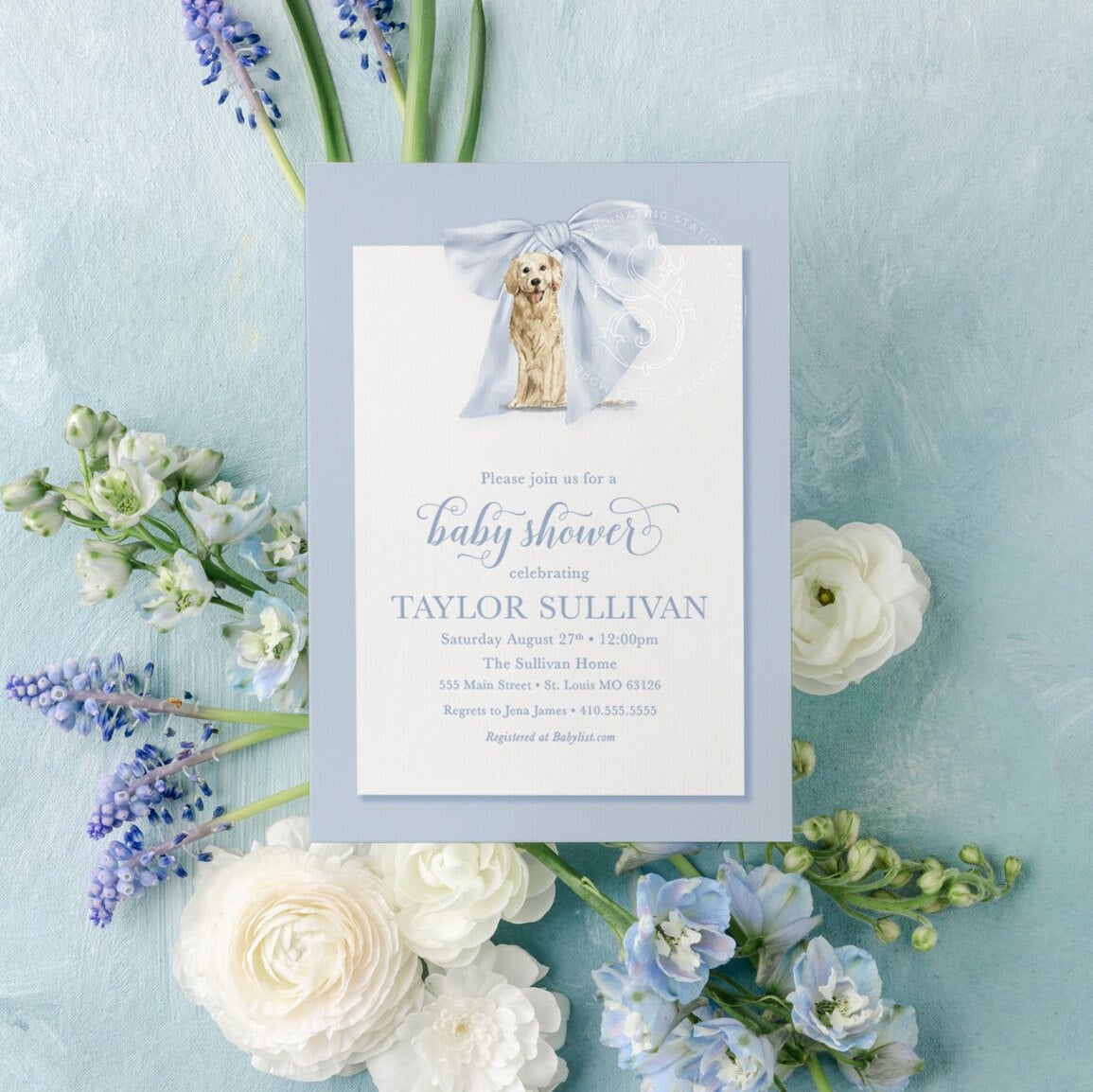 Golden Retriever Boy Baby Shower Invitation with Blue Bow printed invitation