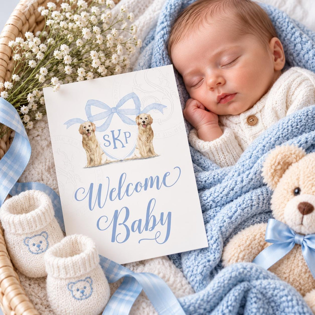 Golden Retriever monogram baby boy milestone cards