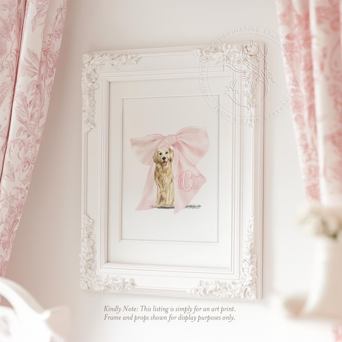 Golden Retriever Monogram Print: Pink Bow Nursery Decor - image 1