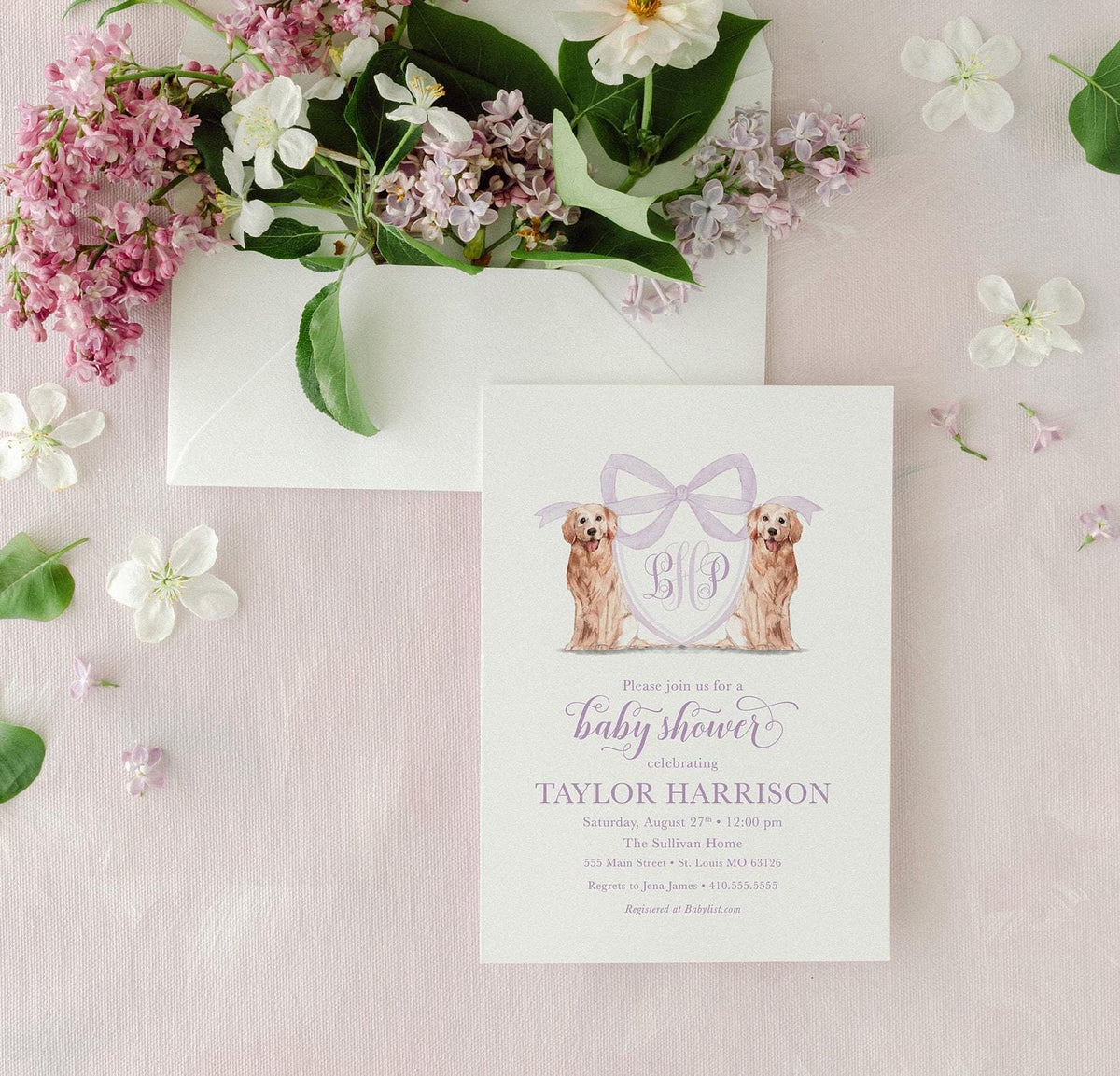 Golden Retriever purple lilac digital baby shower invitation