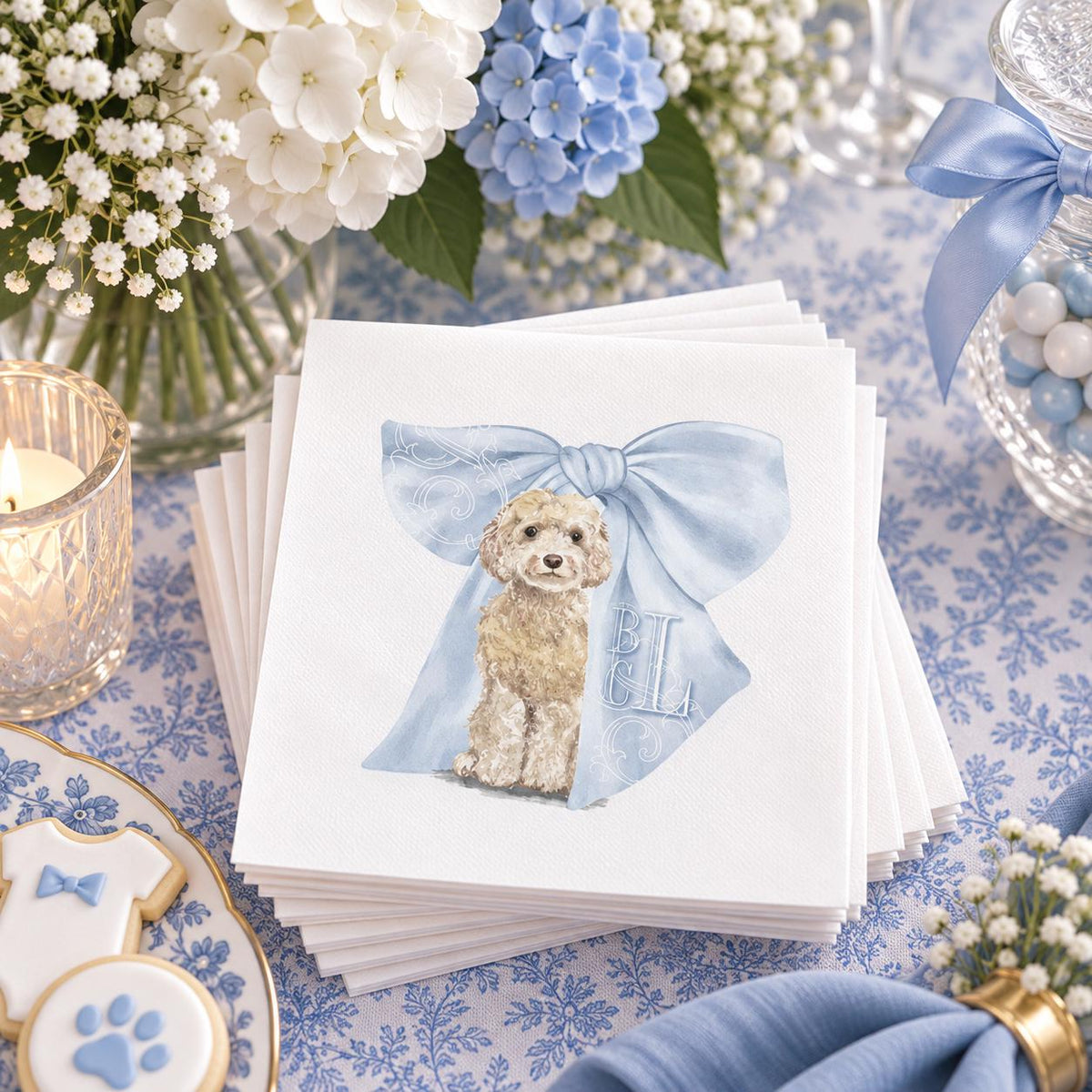 Goldendoodle Baby Shower Napkins, Personalized Dog Napkins, Blue Bow Baby Shower Decor, Custom Monogram Cocktail Napkins
