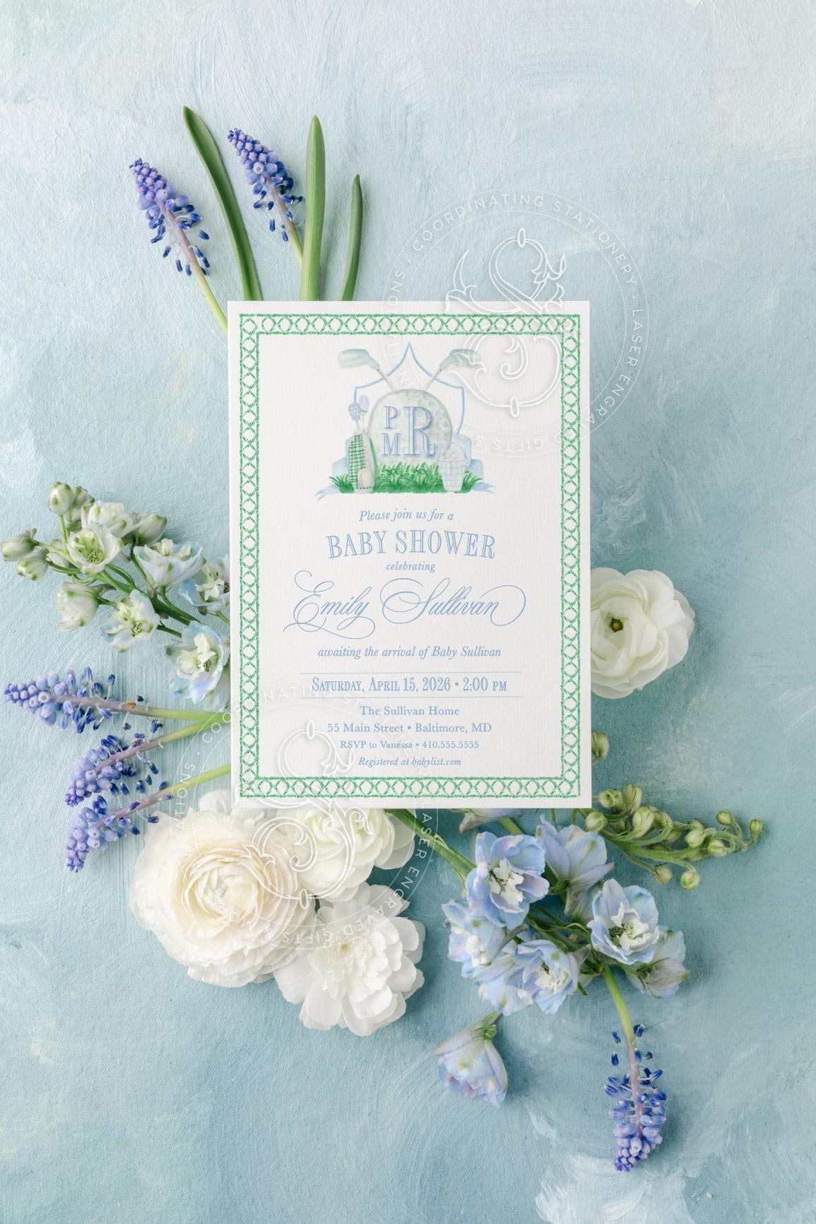 Golf Baby Shower Invitation: Monogram Crest, Classic Design printed invitation