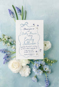 Hand drawn blue bow floral printed baby shower invitations