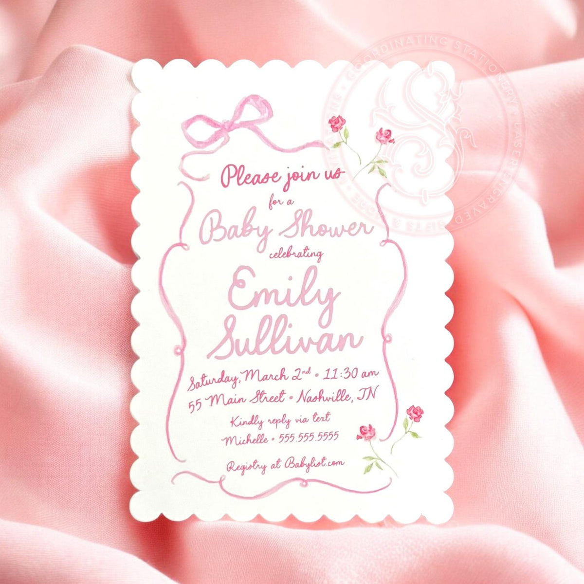 Hand Drawn Bow Baby Shower Invitation: Scallop Edge, Pink Floral printed invitation