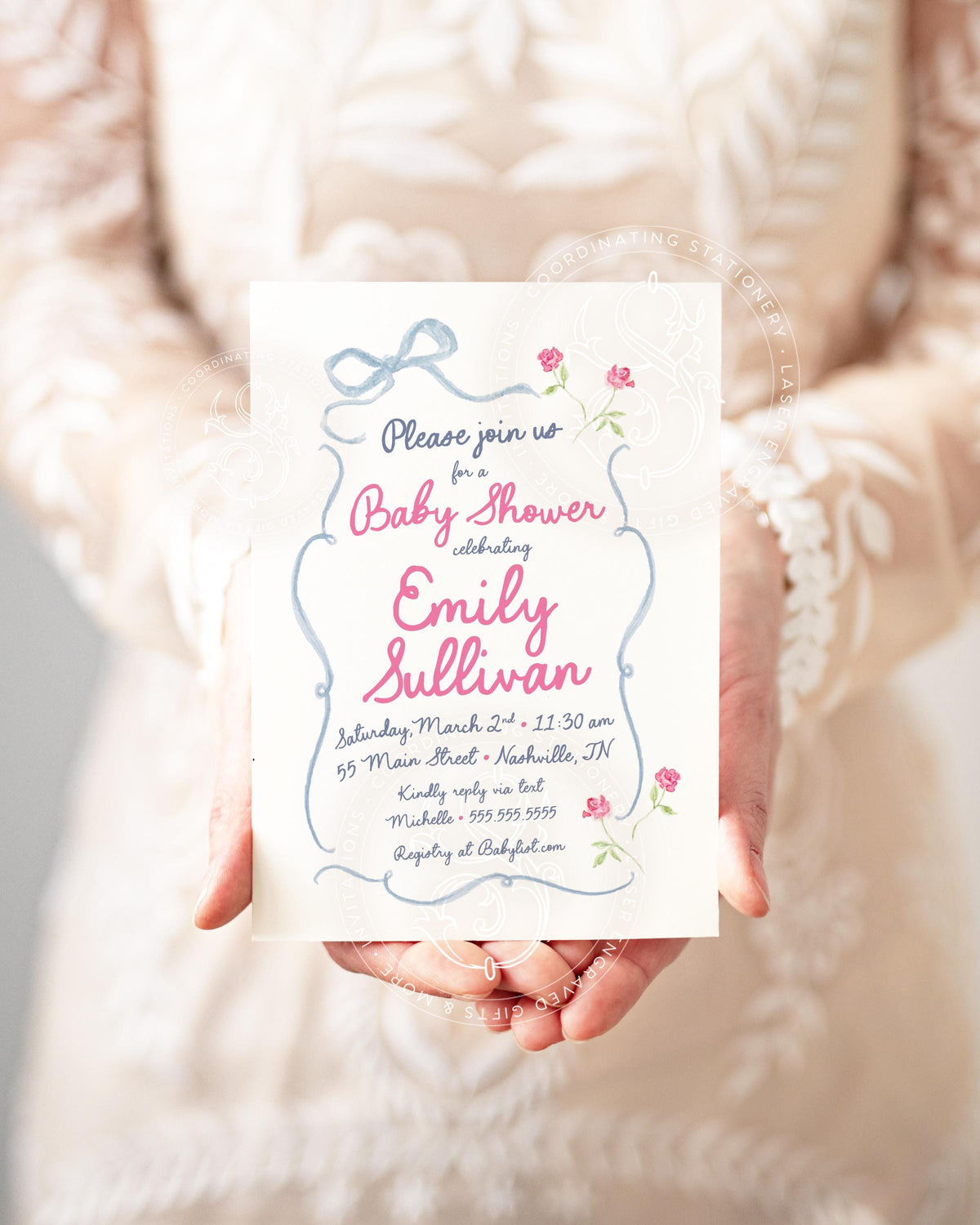 Hand Drawn Bow Baby Shower Invitations: Gender Neutral, Floral Printed printed invitation