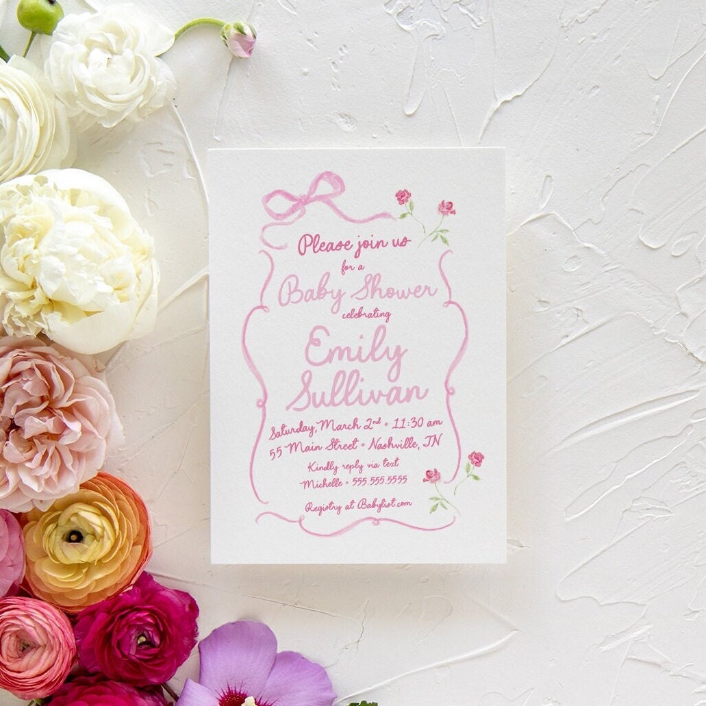 Hand Drawn Bow Baby Shower Invitations: Pink Floral Girl Sprinkle | Digital File