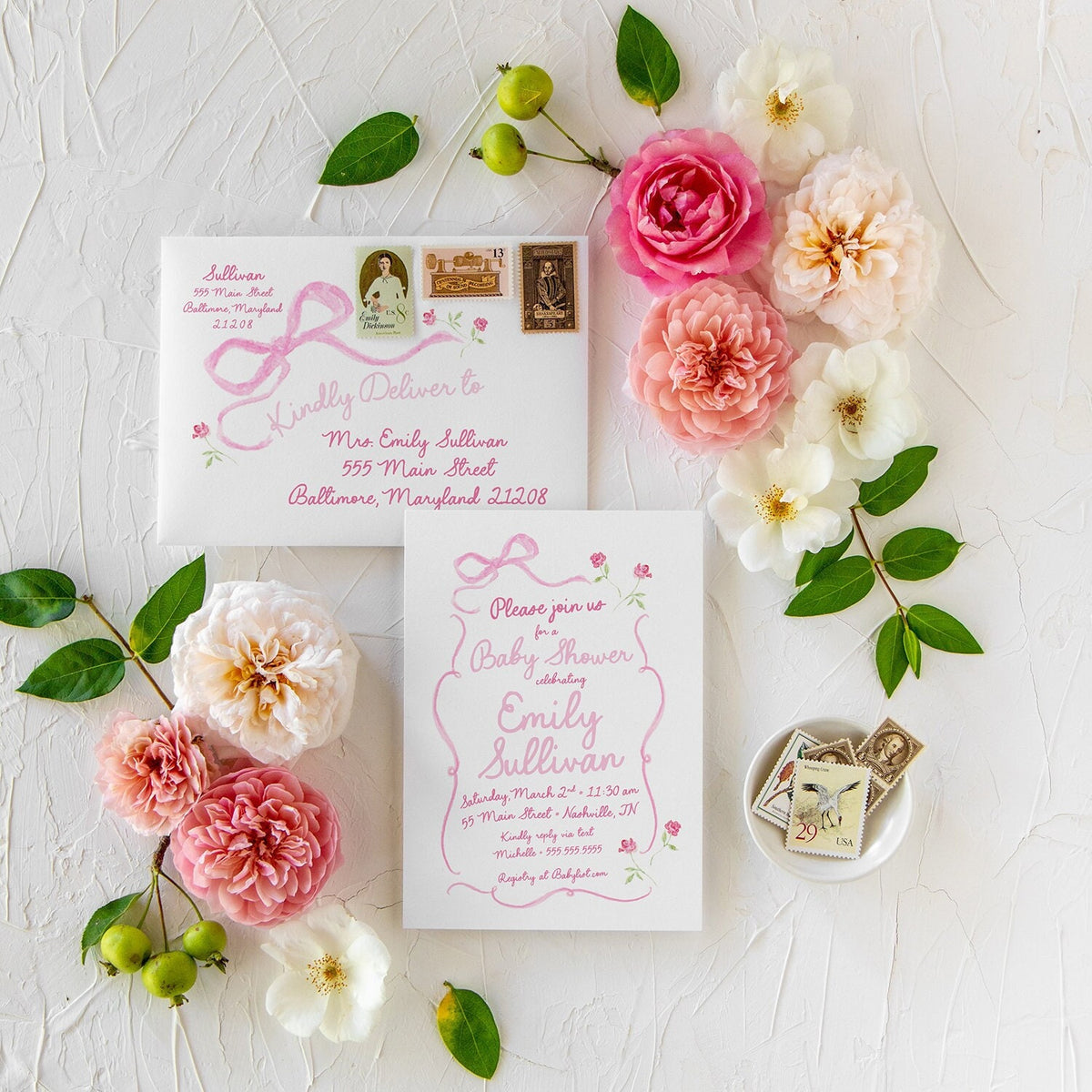 Hand Drawn Bow Baby Shower Invitations: Pink Floral Girl Sprinkle printed invitation