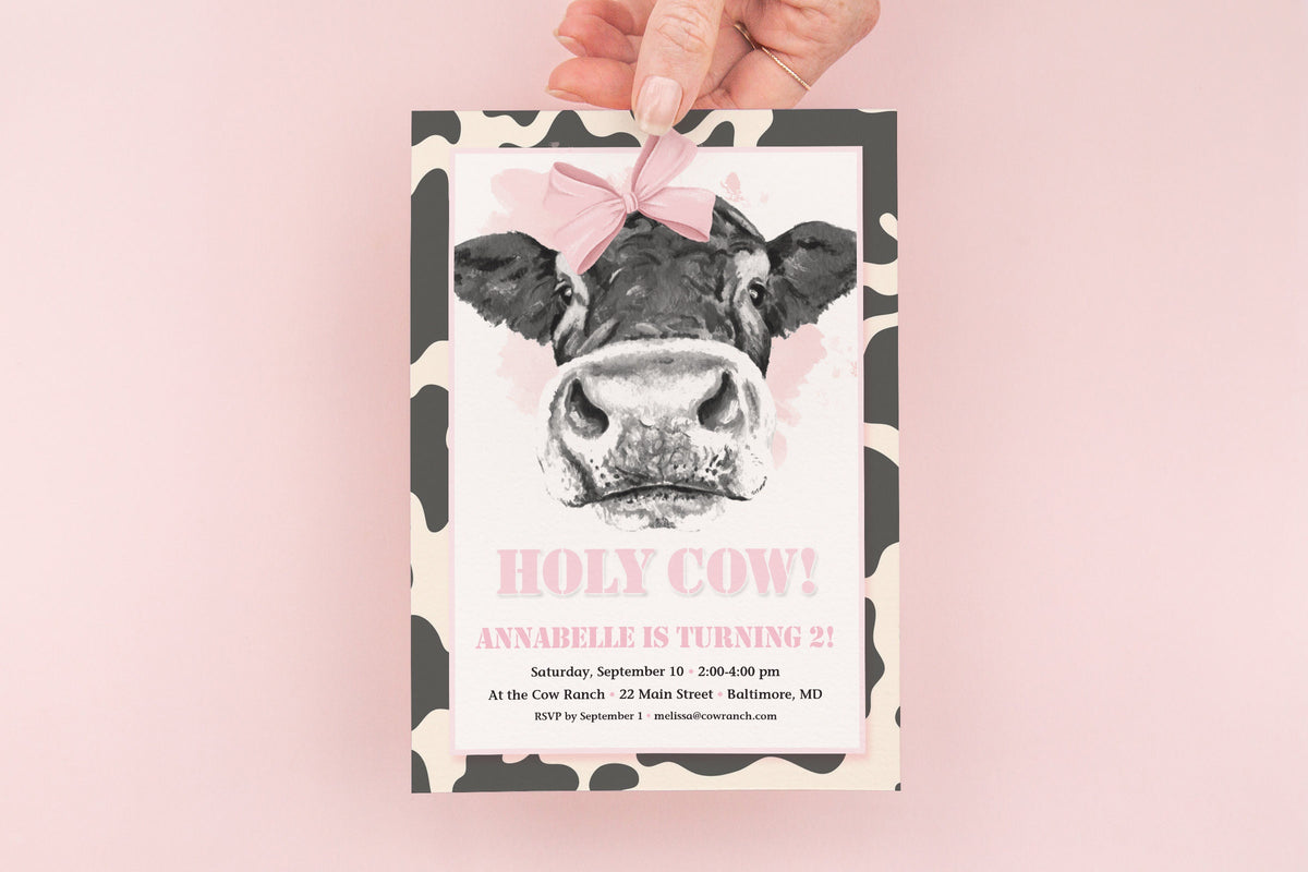 Holy Cow Pink Farm First Birthday Invitation printed children's birthday invitation