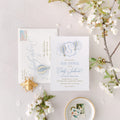 Hot Air Balloon Baby Shower Invitation: Monogram Crest, Soft Blue printed invitation