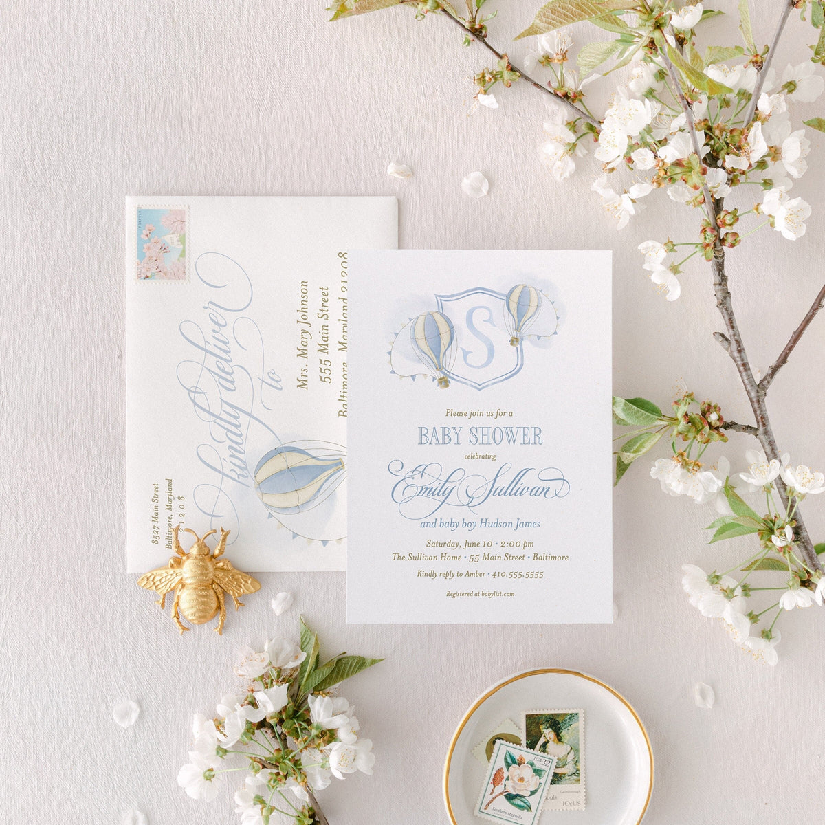 Hot Air Balloon Baby Shower Invitation: Monogram Crest, Soft Blue printed invitation