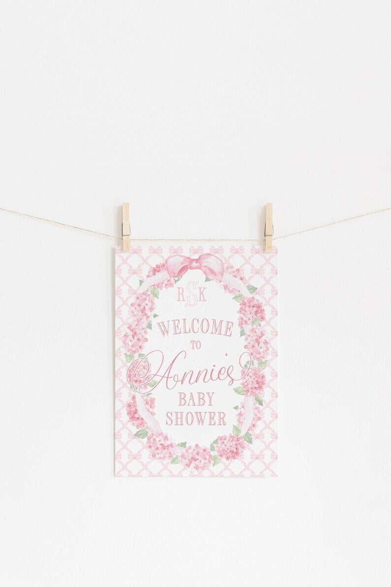 Hydrangea Pink Bows Baby Shower Welcome Sign