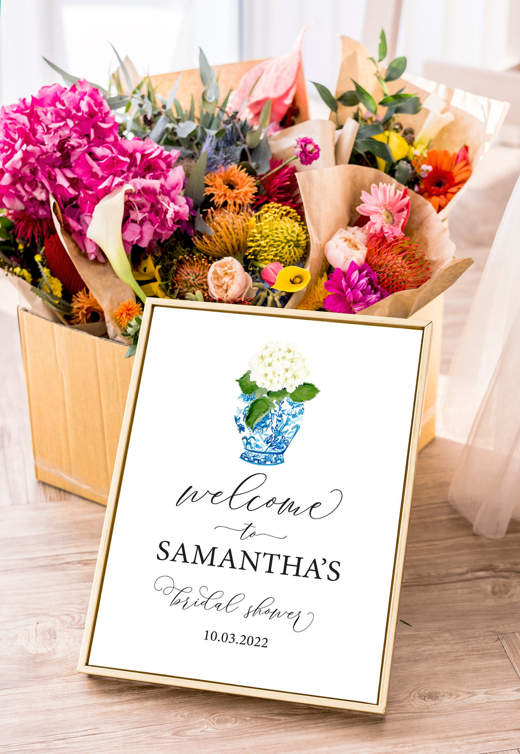 Blue Chinoiserie Ginger Jar Hydrangea Bridal Shower Welcome Sign 4