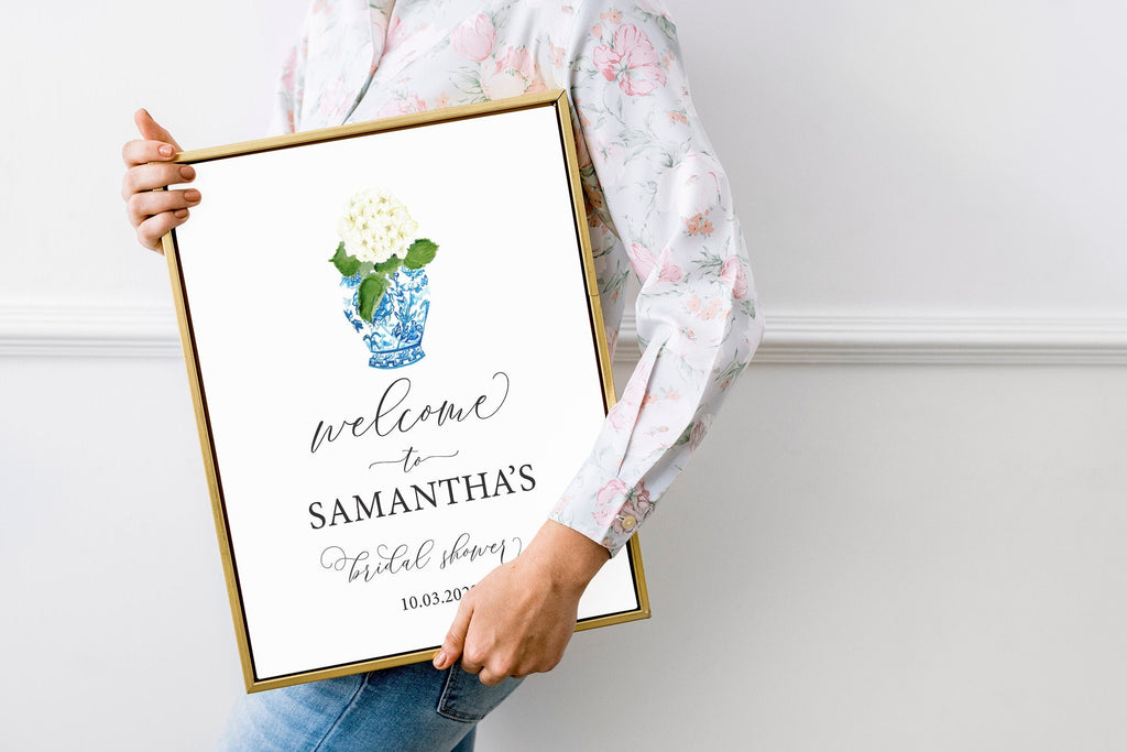 Blue Chinoiserie Ginger Jar Hydrangea Bridal Shower Welcome Sign 3