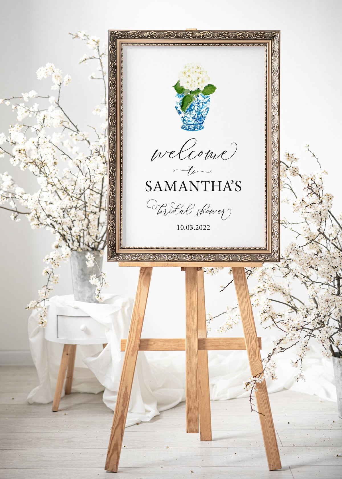 Blue Chinoiserie Ginger Jar Hydrangea Bridal Shower Welcome Sign 2