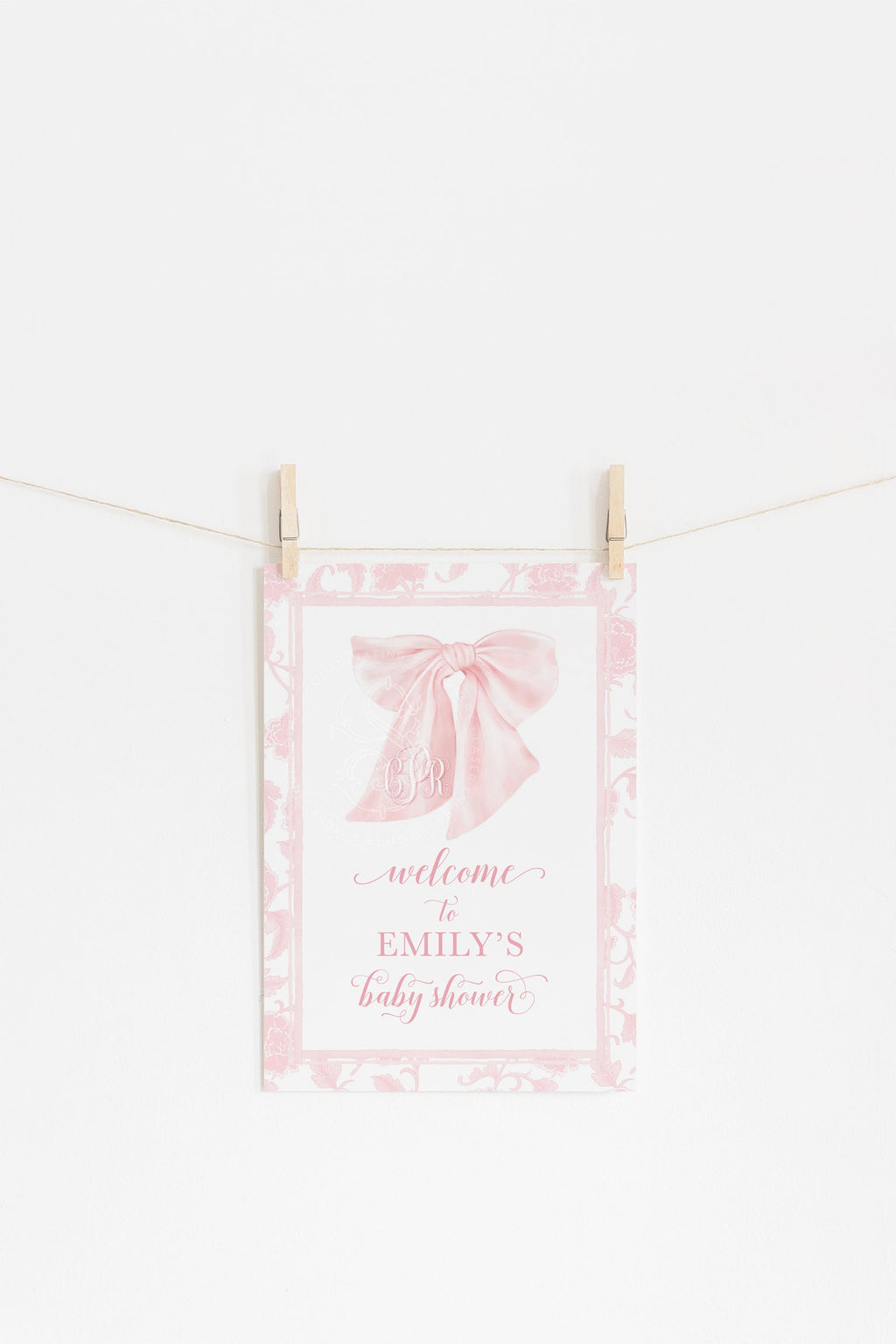 Pink Chinoiserie Monogram Bow Baby Shower Welcome Sign 2