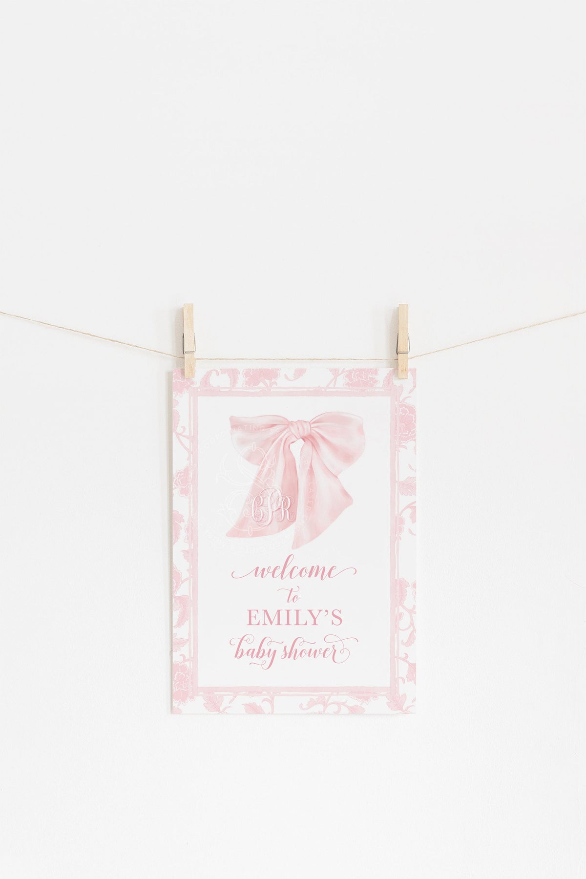 Pink Chinoiserie Monogram Bow Baby Shower Welcome Sign 2
