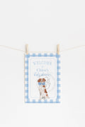 Blue Gingham Brittany Spaniel Baby Shower Welcome Sign 1