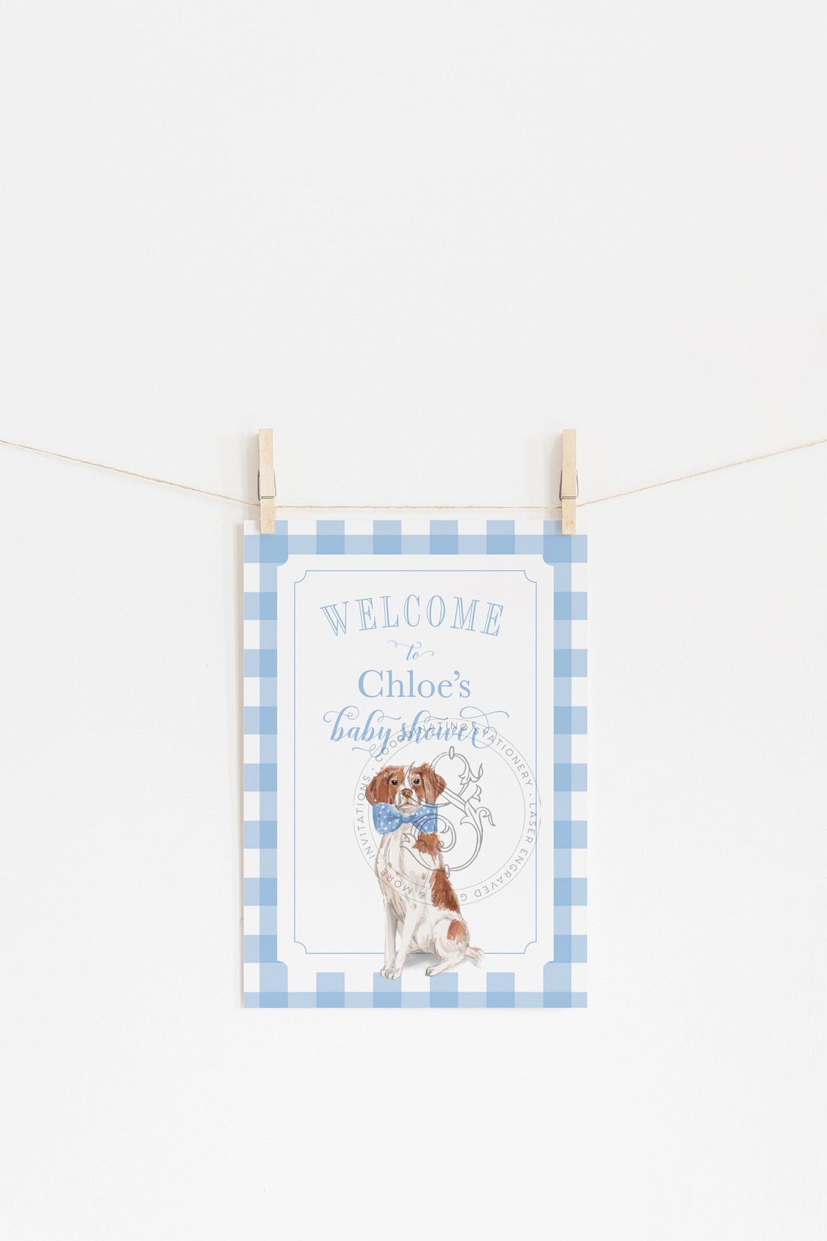 Blue Gingham Brittany Spaniel Baby Shower Welcome Sign 1
