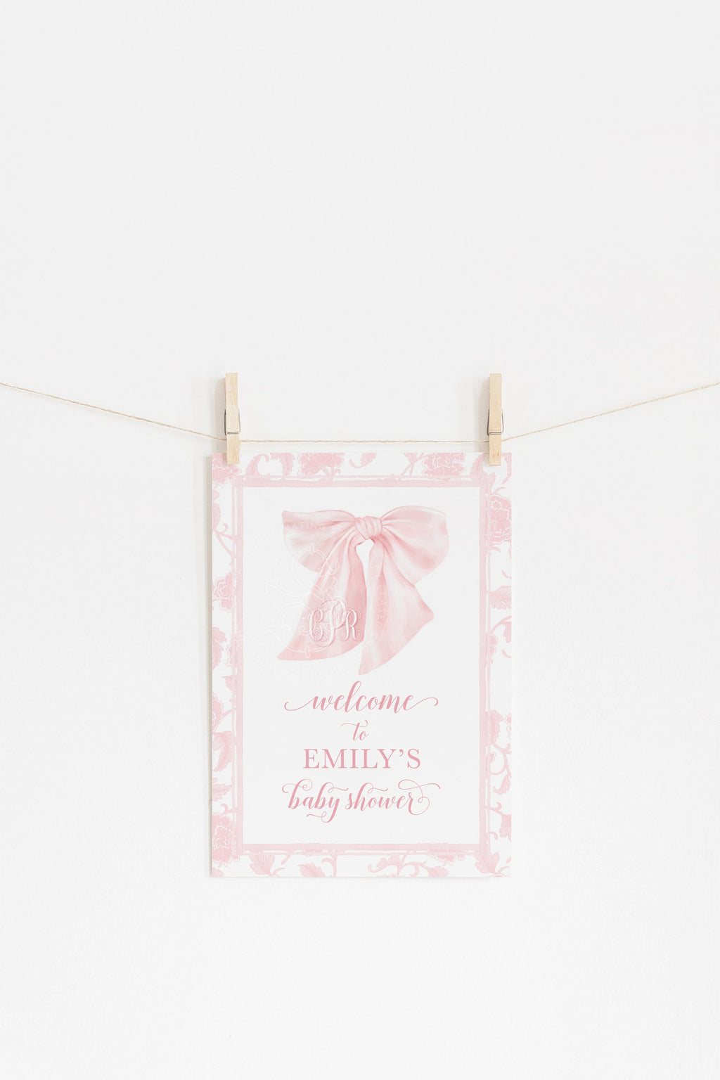 Pink Chinoiserie Monogram Bow Baby Shower Welcome Sign 3