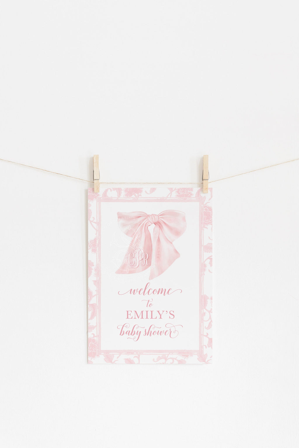 Pink Chinoiserie Monogram Bow Baby Shower Welcome Sign 1