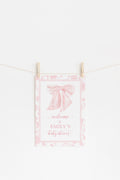 Pink Chinoiserie Monogram Bow Baby Shower Welcome Sign 1