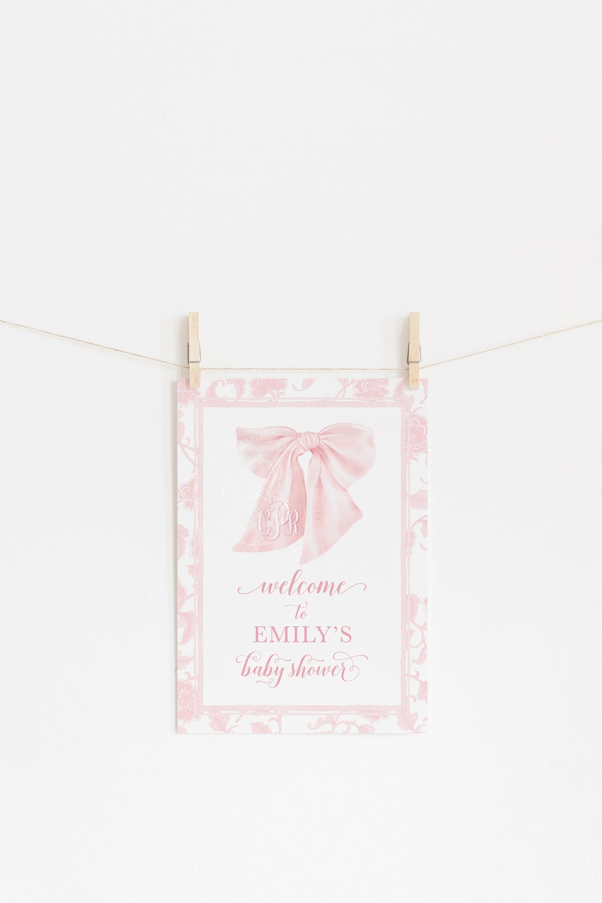 Pink Chinoiserie Monogram Bow Baby Shower Welcome Sign 1