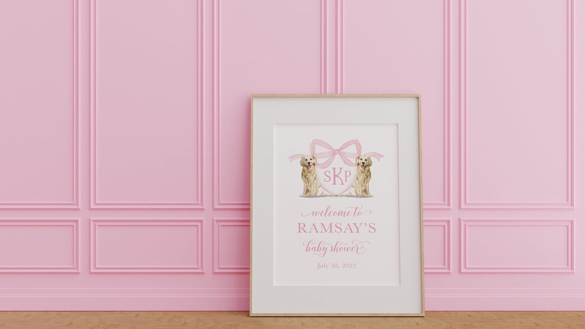 Pink Golden Retriever Monogram Baby Shower Welcome Sign 1