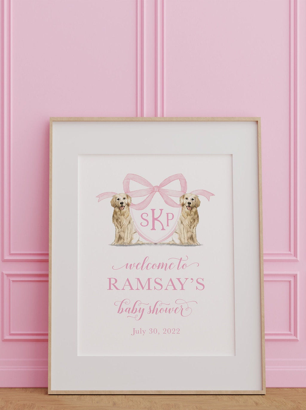 Pink Golden Retriever Monogram Baby Shower Welcome Sign 3