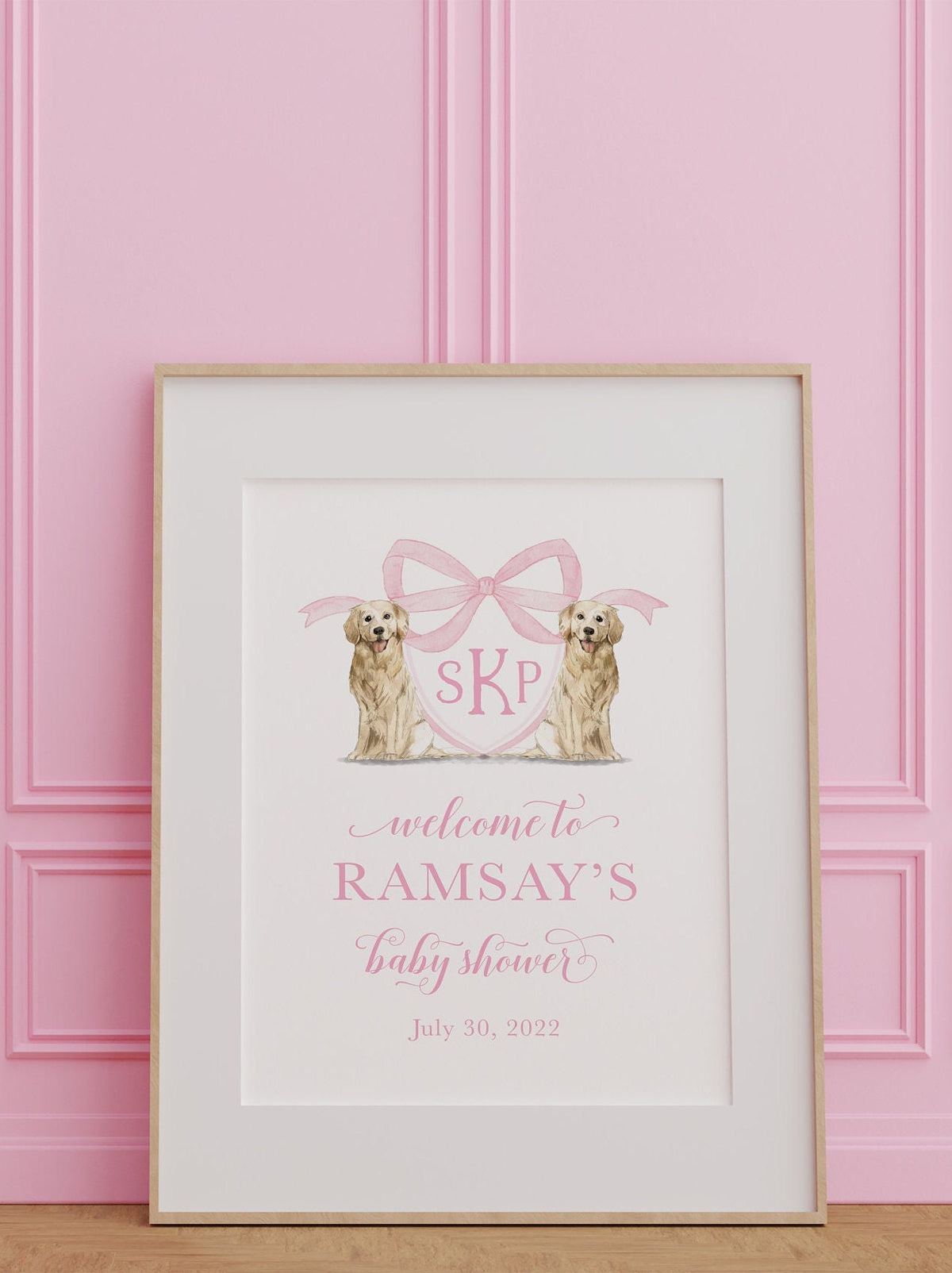 Pink Golden Retriever Monogram Baby Shower Welcome Sign 3