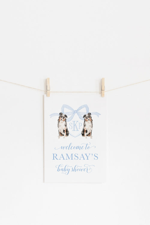 Australian Shepherd Watercolor Crest Baby Shower Welcome Sign