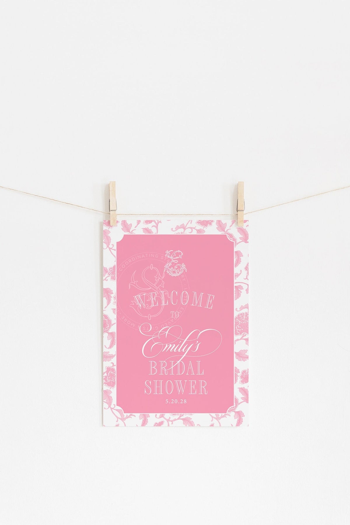 Pink Toile Chinoiserie Monogram Bridal Shower Welcome Sign