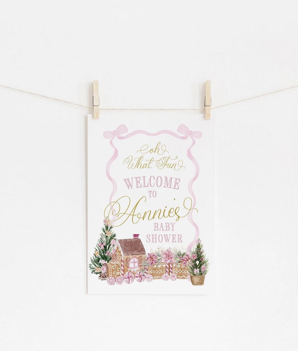 Pink Christmas Gingerbread Baby Shower Welcome Sign 1
