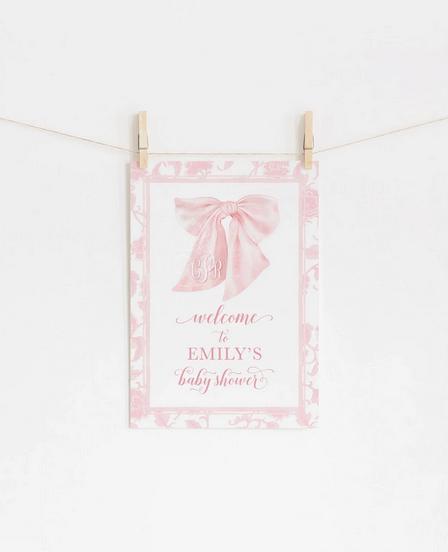Pink Bow Toile Chinoiserie Baby Shower Welcome Sign 2