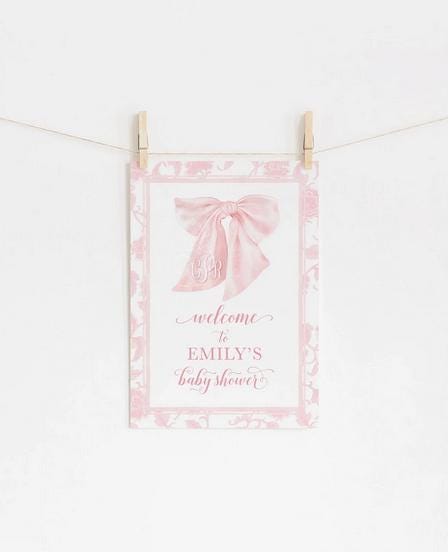 Pink Bow Toile Chinoiserie Baby Shower Welcome Sign 3