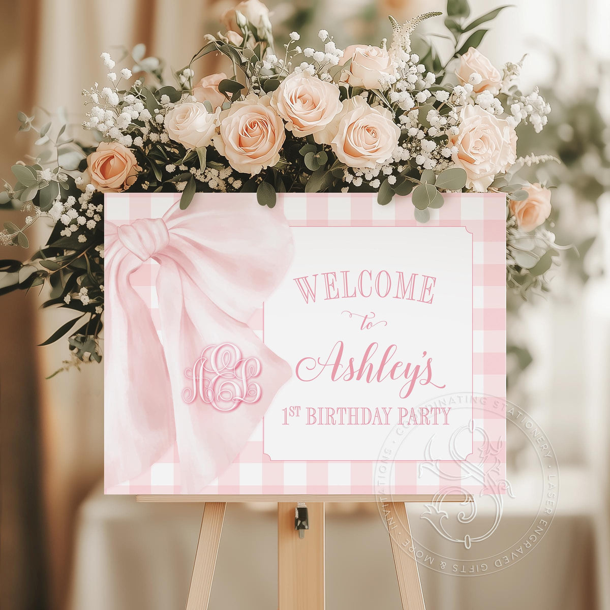 Pink Bow Monogram Birthday Welcome Sign