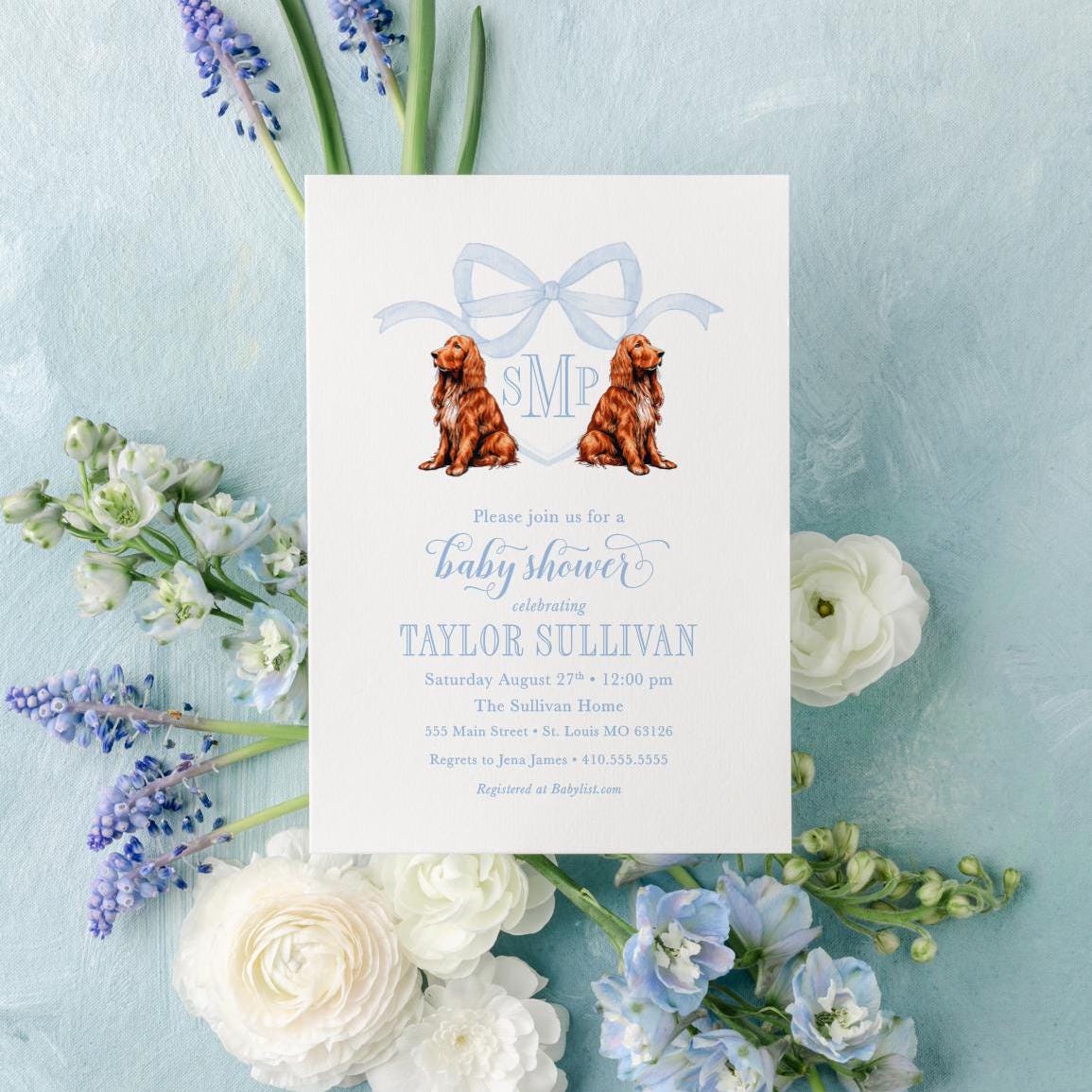 Irish Setter Puppy Baby Shower Invitation: Monogram Crest | Digital File
